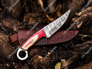 มีดแค้มปิ้งเหล็กดามัสกัส ฟูลแทงค์ ตีขึ้นรูปด้วยมือ ปลายหยดน้ำ ใบมีดคงที่ ด้ามไม้ปักก้า รับผลิตแบบ OEM/ODM ขายส่ง ราคาดีที่สุด - Product Image 5