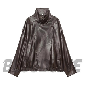 Men's Brown PU <b>Leather</b> Moto <b>Jacket</b> Stand Collar Single Button Closure Regular Fit Autumn Wear - Product Image 6