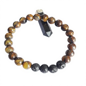 Bracelet spirituel protecteur en pierres œil de tigre et perles de lave, rondes, sculptées, élastiques, vente en gros - Product Image 1