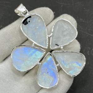 Huge Rainbow <b>Moonstone</b> 925 Sterling Silver 14K Gold Plated Handmade 5 Stone Flower Necklace IGI Certified Gift for Women - Product Image 6