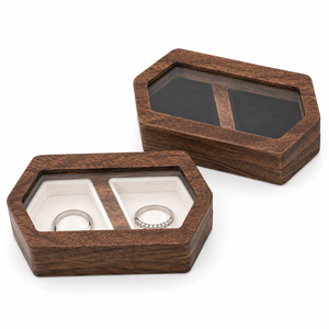 Custom Logo Walnut Wood Double Ring <b>Box</b> with <b>Glass</b> Lid Luxury Wedding Ring Bearer <b>Box</b> Jewelry Gift Packaging - Product Image 5