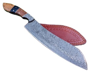 Cuchillo de carnicero hecho a mano de Damasco con mango de madera y funda de cuero, OEM ODM - Product Image 1