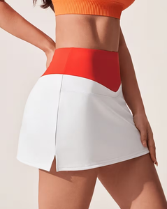 High Waist Color Blocked A-Line Mini Skirt Women Sporty Breathable Stretch Skirt White Red Spandex Polyester - Product Image 4