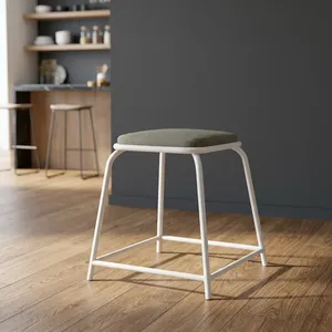 Tabouret en métal minimaliste moderne avec assise en tissu, cadre blanc, coussin vert, meubles de salon, utilisation en appartement - Product Image 1