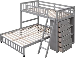 Litera doble de madera maciza de estilo tradicional con seis cajones, estantes flexibles, ruedas inferiores extraíbles, color gris - Product Image 4