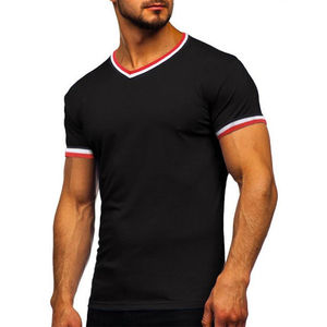Camiseta de Manga Corta con Cuello en V para Hombre, Ajustada, con Ribete en Contraste, Tejida, Informal, de Color Sólido, Estilo Urbano, Camisetas de Moda - Product Image 3