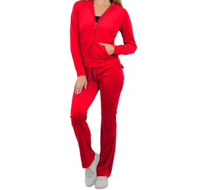 <b>Women</b> Red Hooded Tracksuit Full Length Zipper <b>Jacket</b> & Pants Set Casual Breathable Lightweight Polyester 2-in-1 Design Autumn - Product Image 1