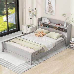 Letto matrimoniale in legno grigio antico con luci LED, testiera contenitore e sponda di protezione - Product Image 1