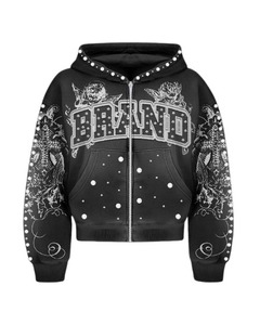 Custom Hoodies <b>Jacket</b> Zipper Gemstone Glitter Sun Faded Embroidery Vintage Distressed Acid Wash Diamond <b>Rhinestone</b> Hoodie - Product Image 1