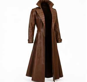 Manteau long en cuir marron pour homme, double boutonnage, avec ceinture - Product Image 2