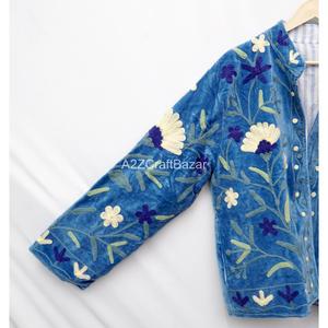 Chaqueta Varsity Azul Terciopelo con Bordado Floral, Ecológica, Transpirable, Cuello Mao, Manga Larga, Estilo Prairie Chic para Mujer - Product Image 5