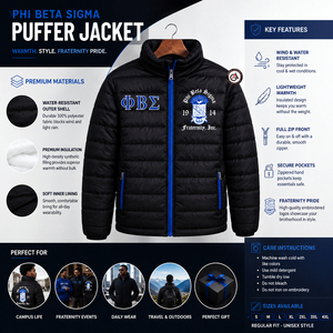 เสื้อแจ็คเก็ตพัฟเฟอร์ฤดูหนาวแบบกำหนดเอง Phi Beta Sigma สำหรับผู้ชาย คอตั้ง สวมใส่สบาย ทนลม บุด้วยใยโพลีเอสเตอร์ 100% - Product Image 5
