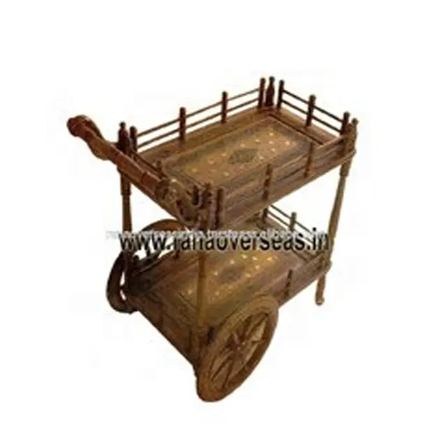 Handcrafted Traditional 2 Tier Wooden Serving Trolley Cart With Brass Inlay Design for Home