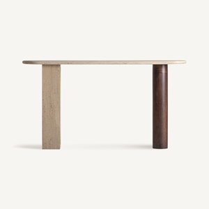 Table console moderne en pierre de travertin naturel avec base en bois de manguier massif |   Console de luxe pour entrée et couloir - Product Image 1