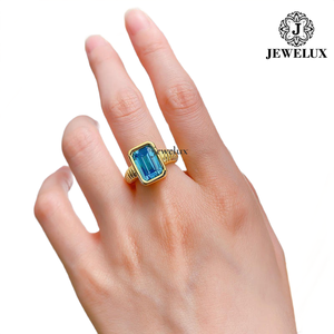 Jewelux Yellow Gold Cocktail <b>Ring</b> With <b>Emerald</b> Cut Blue Topaz Bezel Setting Geometric Luxury Unisex Design From India - Product Image 3