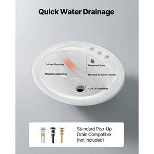 Lavabo Ovalado de Cerámica Blanca Moderno de 19.09 x 16.73 Pulgadas, Semiempotrado, con Orificio de Desagüe y 3 Orificios para Grifo, para Baños Pequeños - Product Image 5