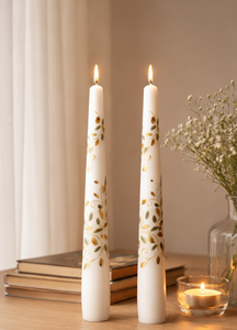 Bougie décorative blanche conique avec motif feuille dorée et verte, décoration moderne et colorée pour la maison (lot de 4) - Product Image 2