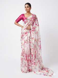 Elegante Sari de Seda con Estampado Floral Blanco y Blusa Rosa para Mujer, Ropa de Boda, Temporada de Primavera, Corte Regular, Largo hasta el Suelo, Estilo Bollywood - Product Image 1