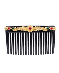 Peigne à cheveux vintage en acétate avec motif feuille plaqué or, strass rouges et verts, 15 cm, accessoire de mode de haute qualité - Product Image 3