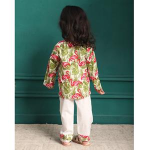 Polka Tots Swan Print Frente abierto Mangas completas Ropa de dormir Kurta pijama set-Rosa - Product Image 3