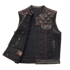 Chaleco de Motocicleta Hunt Club de Cuero y Lona Negro Rojo - Product Image 3