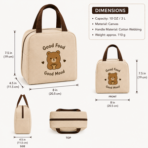 Sac à déjeuner en toile imprimé ours Good Food Good Mood, fermeture éclair isolée, 8x7,5x4,5 pouces, beige - Product Image 2