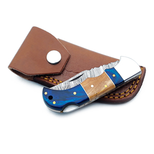 Handmade High Quality Customized Damascus Steel Pocket <b>Knife</b> Back <b>Lock</b> Folding Blade Olivewood Blue Wood Leather Sheath - Product Image 4