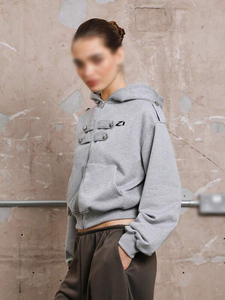 Women's Gray <b>Cropped</b> Fleece <b>Zip</b>-<b>Up</b> Hoodies Casual Sweatshirt Decorative Button Detail Custom Logo Autumn Winter Wholesale OEM - Product Image 2