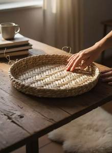 Premium Weave Rattan Serving <b>Tray</b> With Deep <b>Sides</b> Perfect For Displaying Fruits Napkins And Decorative Centre <b>Table</b> Arrangements - Product Image 2