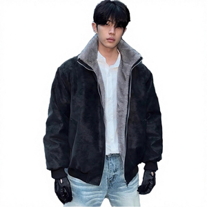 <b>Men's</b> Bomber <b>Jacket</b> Stand Collar Faux <b>Fur</b> <b>Lined</b> Zipper Closure Windproof Thick Winter Casual Wear - Product Image 2