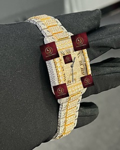 Montre mécanique carrée de luxe, boîtier en acier inoxydable, or jaune, diamants Moissanite de haute qualité, entièrement sertie, montre d'usine - Product Image 2