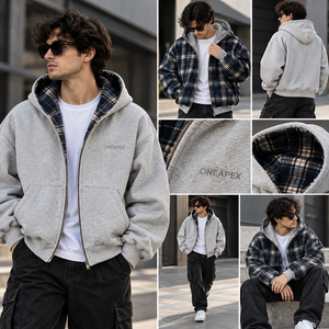 Veste à capuche réversible à carreaux gris et bleu pour homme, coupe oversize, style streetwear hiver, personnalisable, vente en gros - Product Image 4