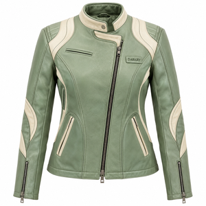Veste en cuir d'agneau véritable pour femme, couleur vert sauge, col montant, panneau incurvé, style motard, coupe ajustée, fermeture éclair, vêtement d'extérieur - Product Image 1