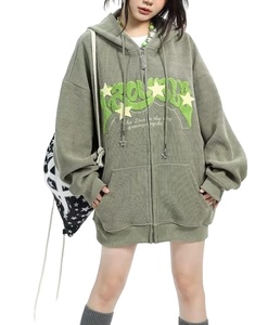Sudadera extragrande personalizada para mujer con estampado de letras brillantes, bolsillo frontal con cremallera, manga larga, de algodón tejido digital - Product Image 4