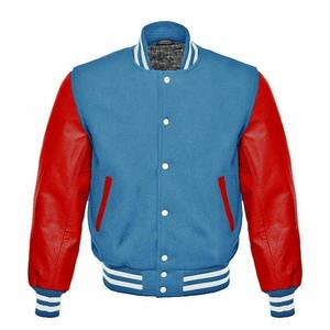 Chaqueta Varsity Moderna de Lana Azul con Mangas de Cuero Rojo y Ribete Azul y Blanco para Colecciones de Ropa Urbana Personalizadas al por Mayor - Product Image 1