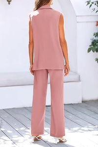 Women's Pink Sleeveless <b>Blazer</b> <b>Set</b> Loose Fit Wide Leg Pants Two Piece Suit Casual Spring Summer Solid Color Crepe Fabric - Product Image 2