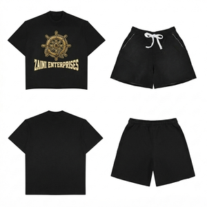 Ensemble t-shirt et short pour homme en coton premium 240 GSM, noir, col rond, impression sérigraphique, logo personnalisé, OEM, ODM, vente en gros - Product Image 1