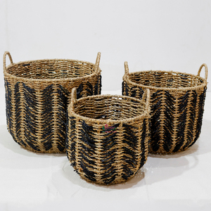 All-Natural Handmade <b>Wicker</b> Seagrass Round <b>Baskets</b> <b>With</b> <b>Handles</b> & Black Stripes for Eco-Friendly Home Decor - Product Image 1