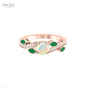 Verified Suppliers 6mm Round Cut <b>Opal</b> & Emerald Floral <b>Ring</b> 14k Solid Gold Diamond Accent Twisted <b>Ring</b> for Engagement Gift - Product Image 2