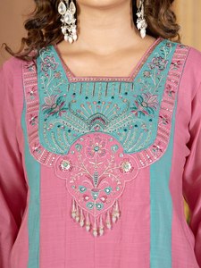 Ensemble Kurta en coton brodé bleu turquoise et rose avec pantalon palazzo et dupatta - Product Image 2