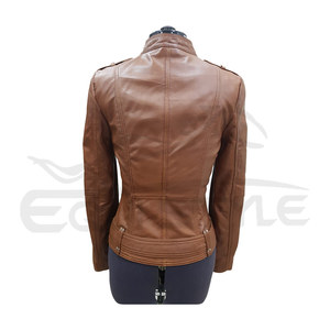 <b>Leather</b> <b>Jackets</b> Wholesale <b>Brown</b> Genuine <b>Leather</b> Fitted <b>Womens</b> <b>Jacket</b> Mandarin Collar Multi Pockets Custom Biker Winter Windproof - Product Image 2
