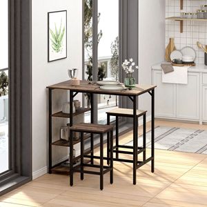 Rustic Brown 3-Piece Dining <b>Set</b> Wood Bar <b>Table</b> <b>and</b> <b>Stools</b> with Storage Shelf Space Saving Kitchen Dining Room Furniture - Product Image 2