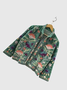 Veste en velours brodée à la main avec des motifs floraux, col mandarin, manches longues, style Prairie Chic, manteau d'automne pour femmes, taille plus - Product Image 3
