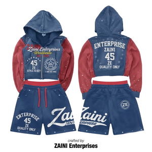 Premium 340 GSM Polyester/Cotton Fleece Black <b>Zip</b> Hoodie Short Set Raised Rubber Custom Logo Streetwear Men's Winter Breathable - Product Image 1