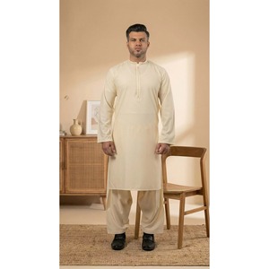 Salwar Kameez pour homme en coton 100% de qualité supérieure, brodé, respirant, séchage rapide, tenue de soirée formelle, couleur beurre, costume Kurta - Product Image 4