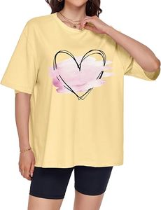 T-shirt jaune surdimensionné pour femme avec imprimé cœur peint à la main, col rond, manches courtes, coupe ample, en coton, style printemps-été - Product Image 2