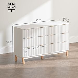 Comò a 6 cassetti per camera da letto, bianco scanalato, con maniglie a dita color oro e 5 gambe in legno - Product Image 3