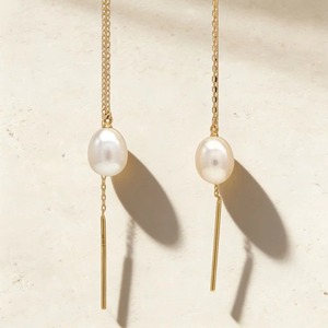 Boucles d'oreilles pendantes en or jaune 9K avec perle blanche, chaîne longue, style minimaliste, bijoux fins, vente en gros - Product Image 1