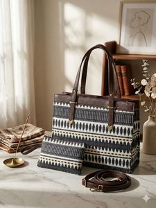 Bolso Tote Jacquard Personalizado con Asa de Cuero Encerado, Gran Capacidad, Bolso de Hombro con Bolsillo para Viajes Diarios - Product Image 3