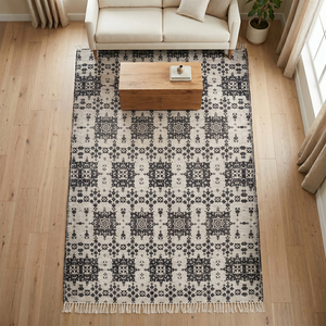 Alfombra DECORDEC Personalizada, Negra, con Medallón Geométrico, de Lana, Tejido Plano, Antideslizante, Ecológica, con Flecos, para Hotel o Villa - Product Image 4